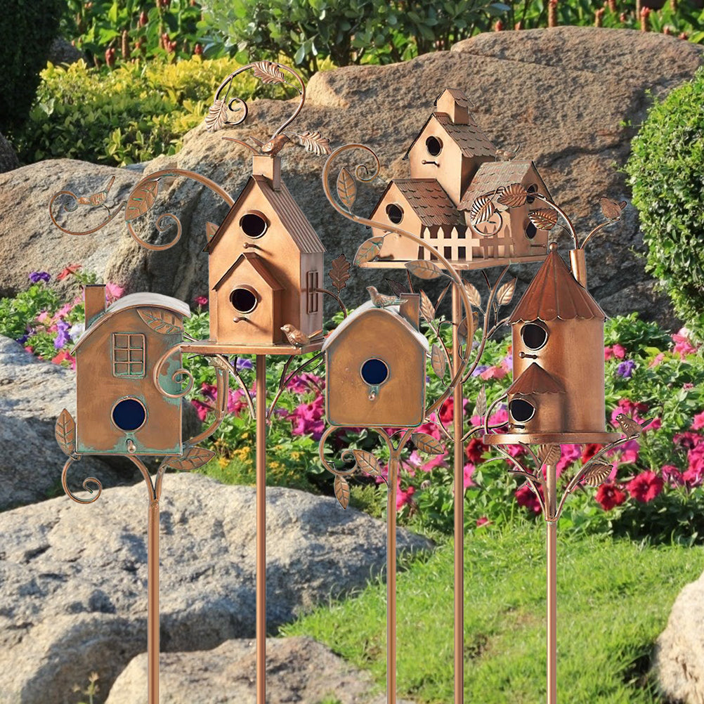 Metal Birdhouse Garden Stake, Cottage Style Bird House With Pole for Yard and Patio Decor