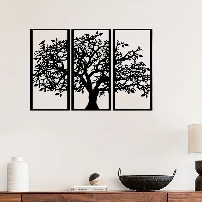 3-Piece Tree of Life Metal Wall Art, Black Wrought Iron Triptych Wall Hanging Decor