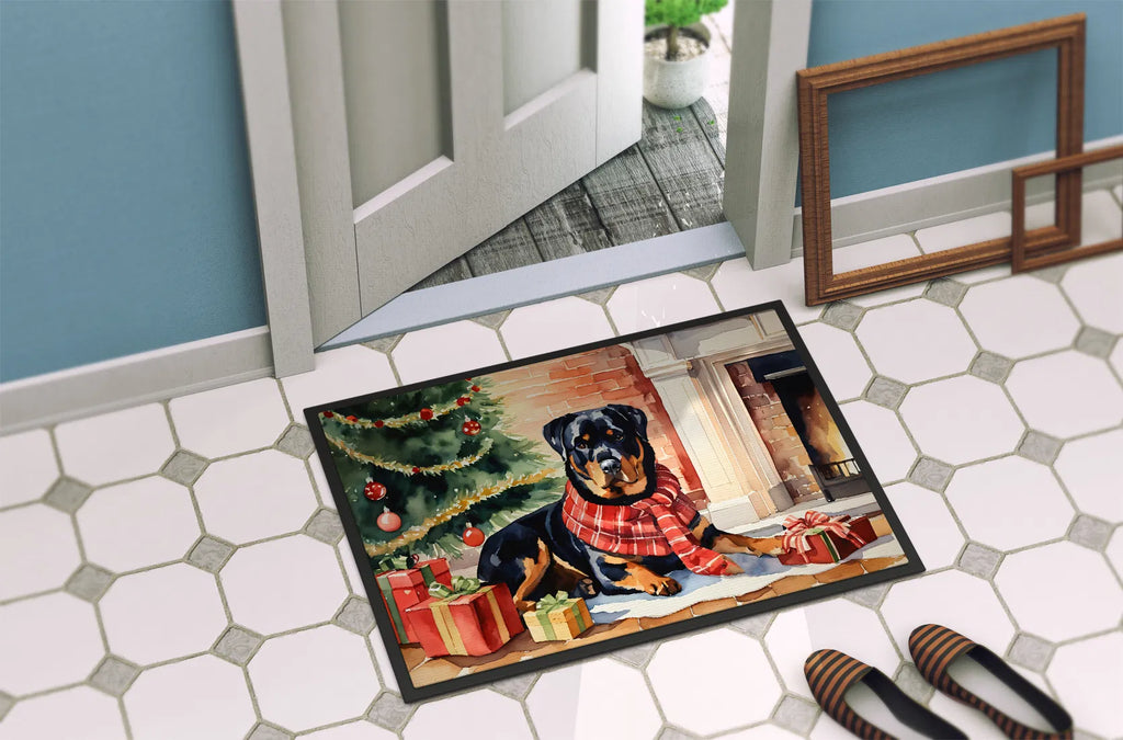 Rottweiler Christmas Doormat, 24 x 36 Inch Non Slip Indoor Outdoor Entryway Mat with Holiday Dog Artwork