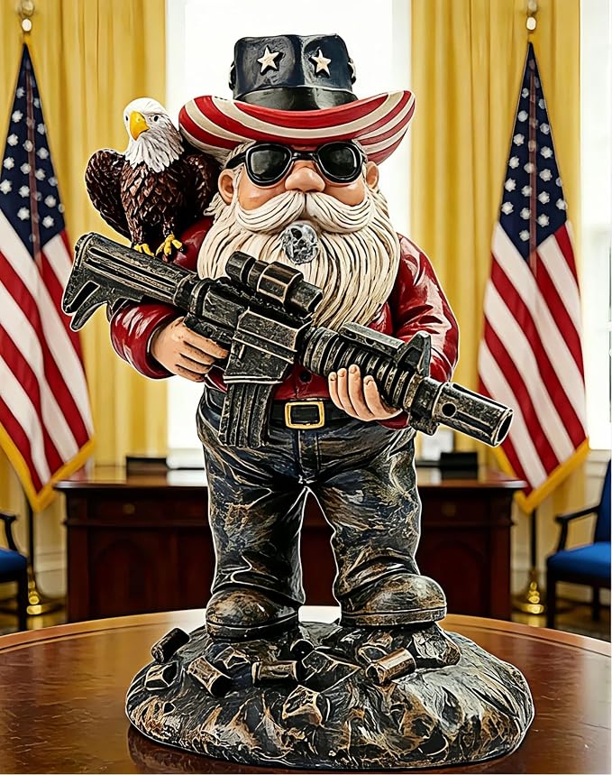 Patriotic military garden gnome figurine holding an eagle and rifle
