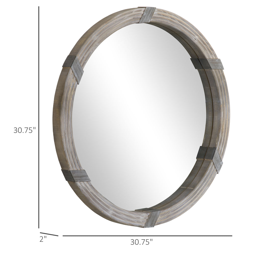 Round Wood Wall Mirror, 30.75" Farmhouse Decorative Mirror for Living Room, Bedroom, Hallway, Natural Wood Finish
