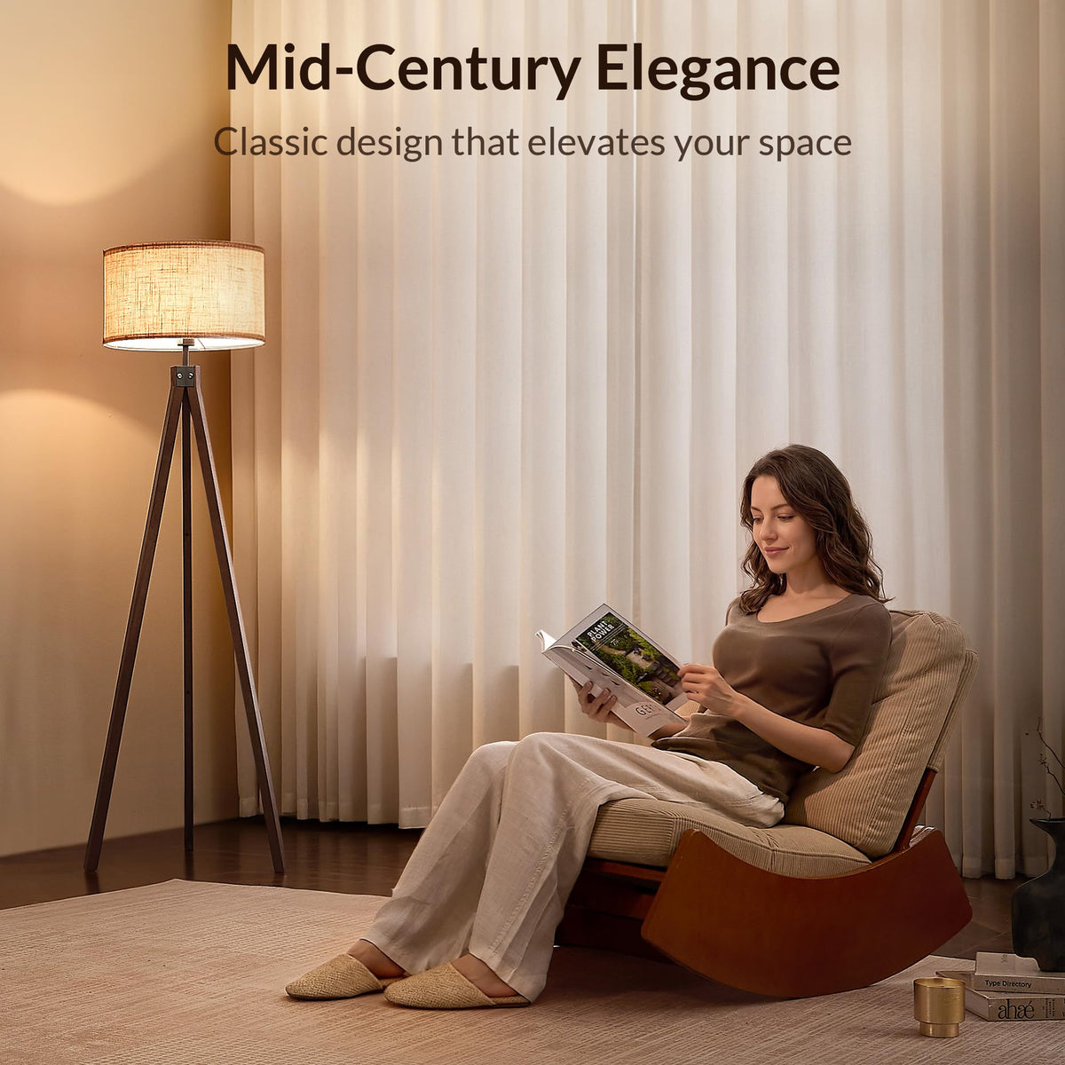 Tripod Floor Lamp, Mid Century Modern Standing Lamp With Linen Shade and Rubberwood Legs for Living Room or Bedroom