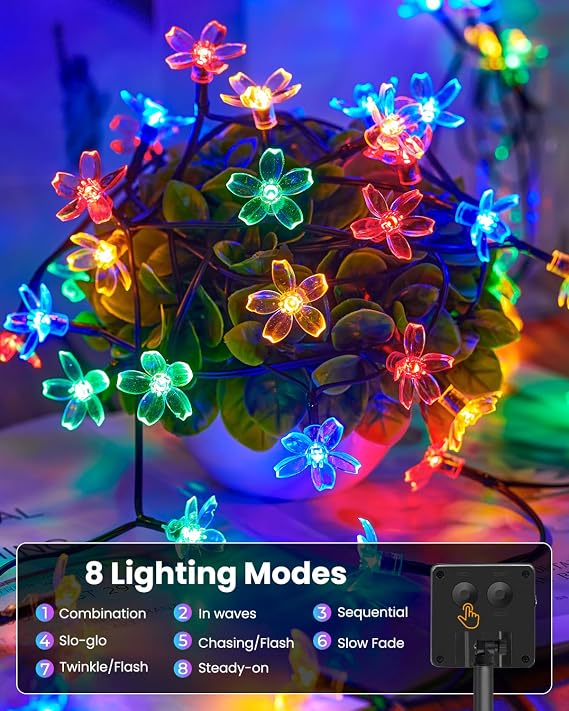 Solar Flower String Lights, 60 LED Cherry Blossom Fairy Lights, 26 Ft Waterproof Multicolor Outdoor Lights for Garden, Patio and Yard