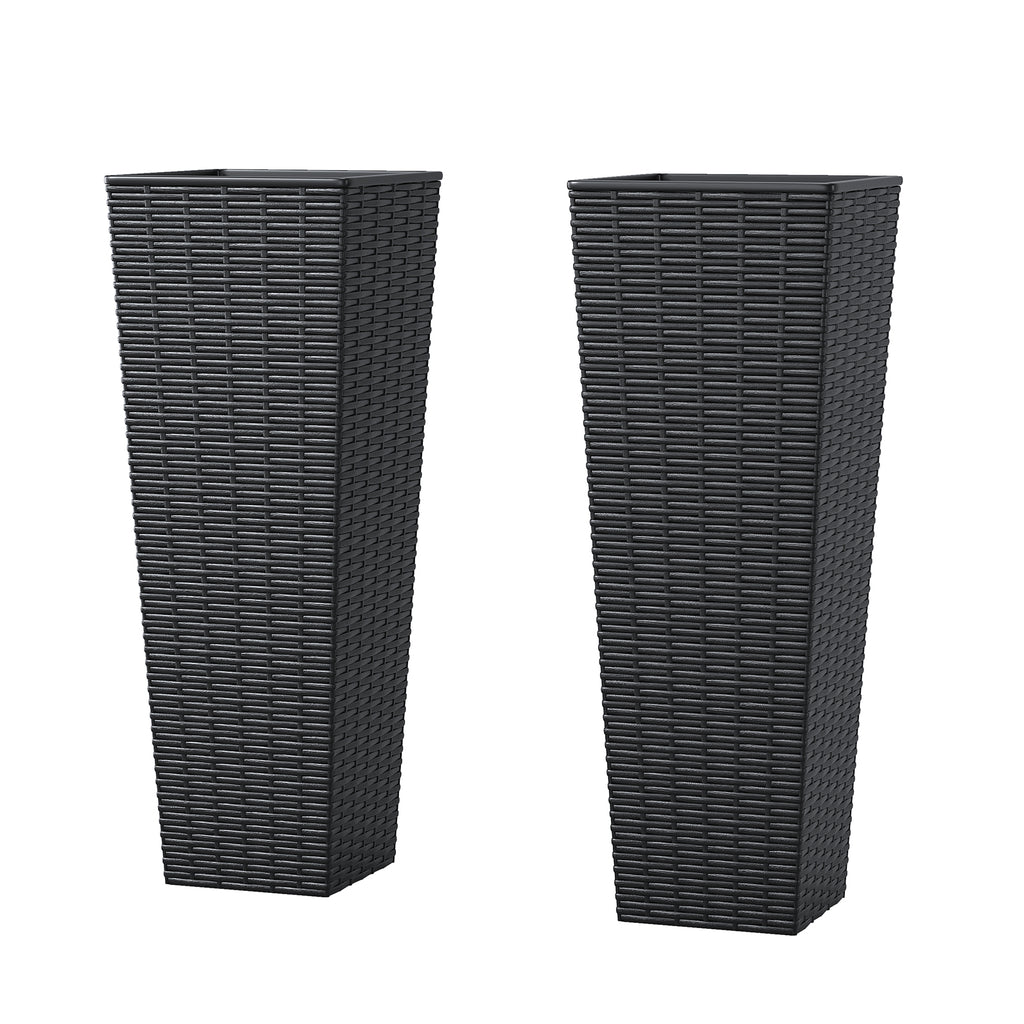Tall Resin Planters, Set of 2 Black Rattan Look Tapered Flower Pots With Drainage Holes and Removable Inner Pot