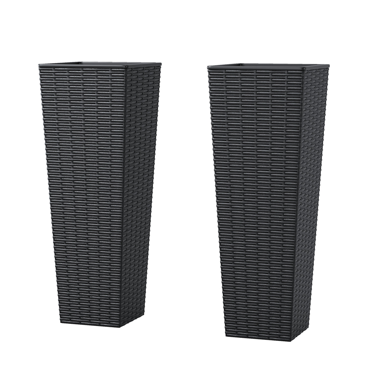 Tall Resin Planters, Set of 2 Black Rattan Look Tapered Flower Pots With Drainage Holes and Removable Inner Pot