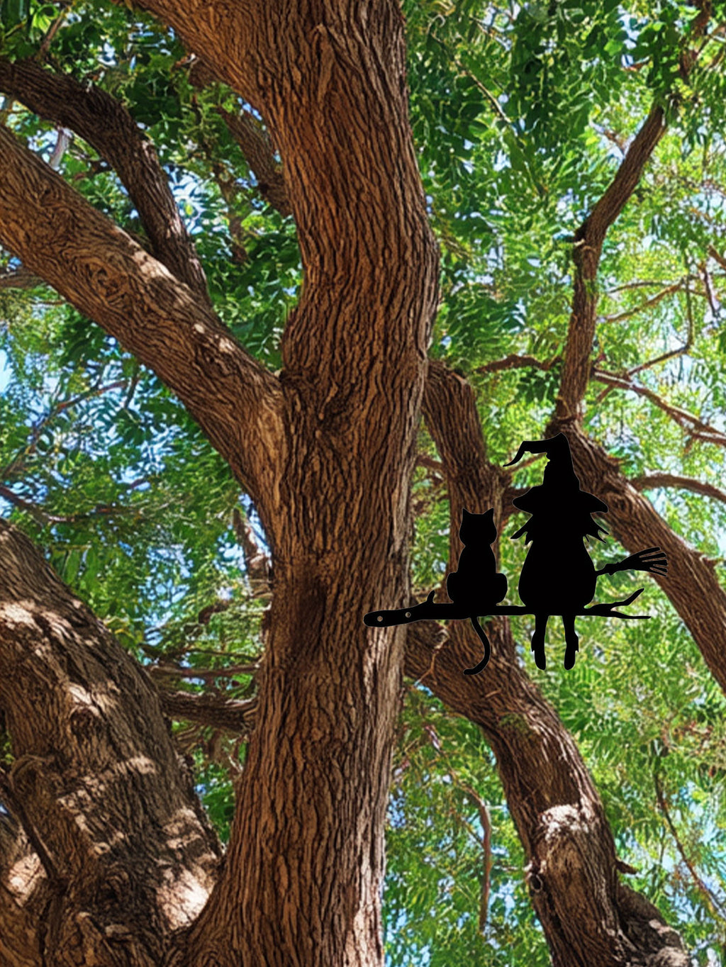 Witch and Cat Metal Silhouette Garden Stake, Black Tree Branch Yard Art Decor