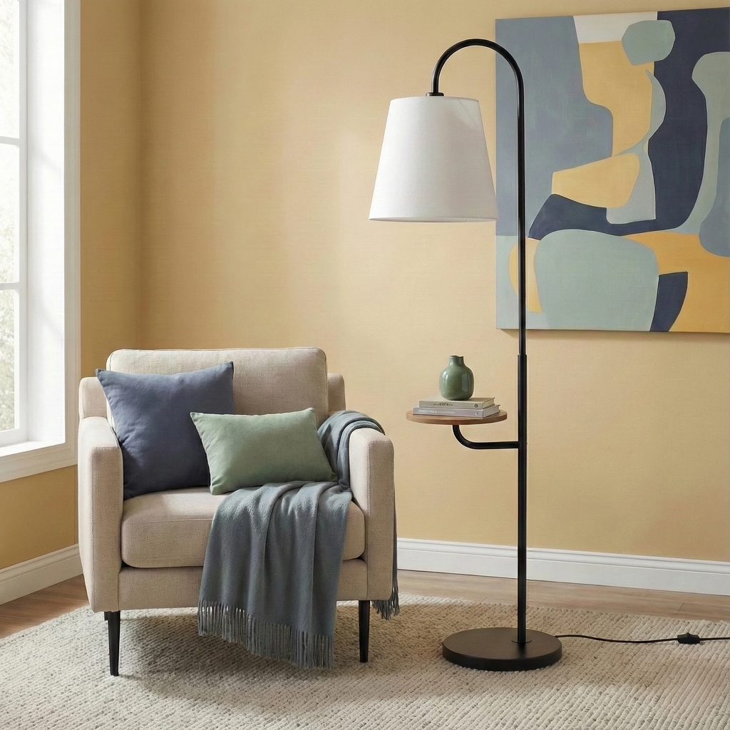 Arched Floor Lamp With Wood Side Table, Black Metal Base and White Linen Shade, 60 in.