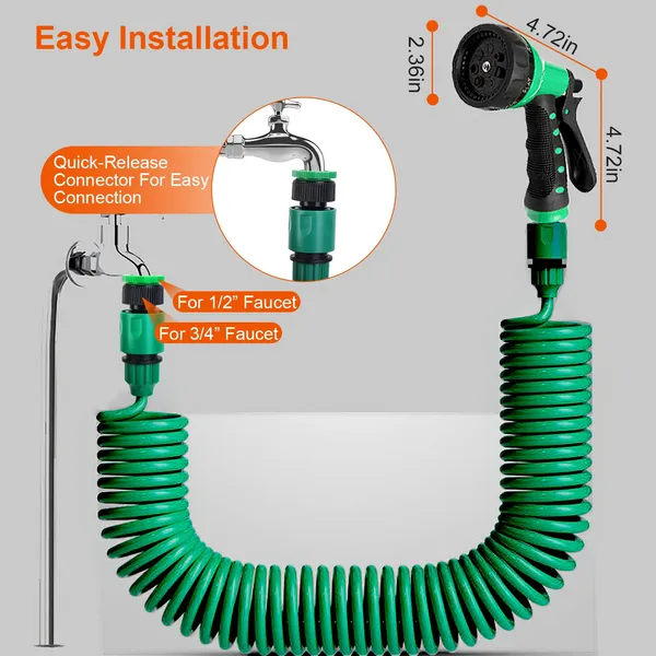 Coiled Garden Hose With 7-Pattern Spray Nozzle, 65.6 ft Self-Coiling Green Water Hose With Faucet Adapter