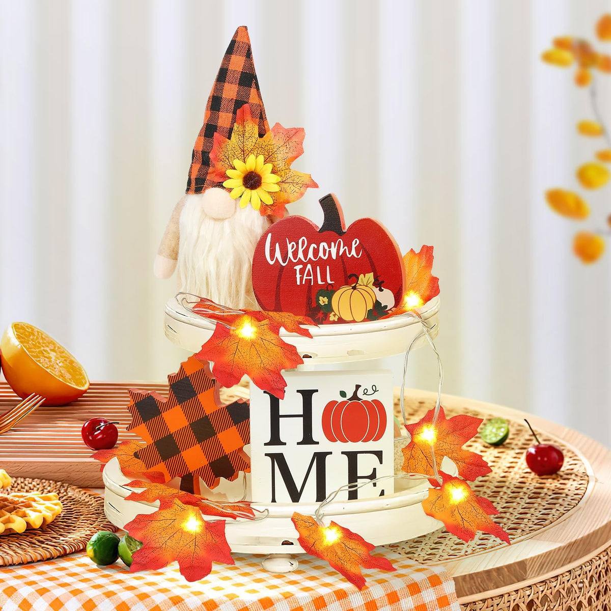 Fall Gnome Tiered Tray Decor Set, 5 Piece Wooden Pumpkin Signs, Maple Leaf String Lights and Greeting Cards