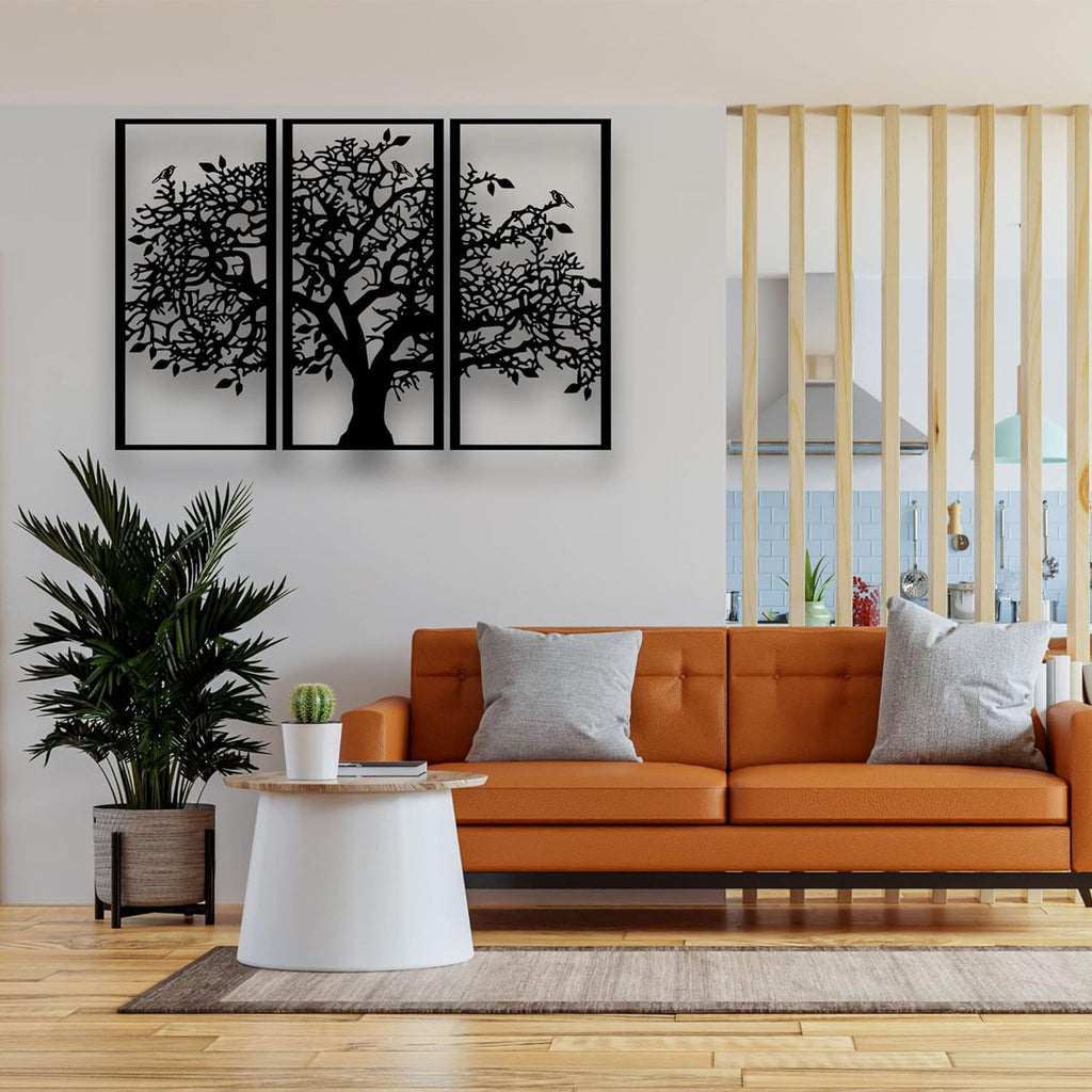 3-Piece Tree of Life Metal Wall Art, Black Wrought Iron Triptych Wall Hanging Decor