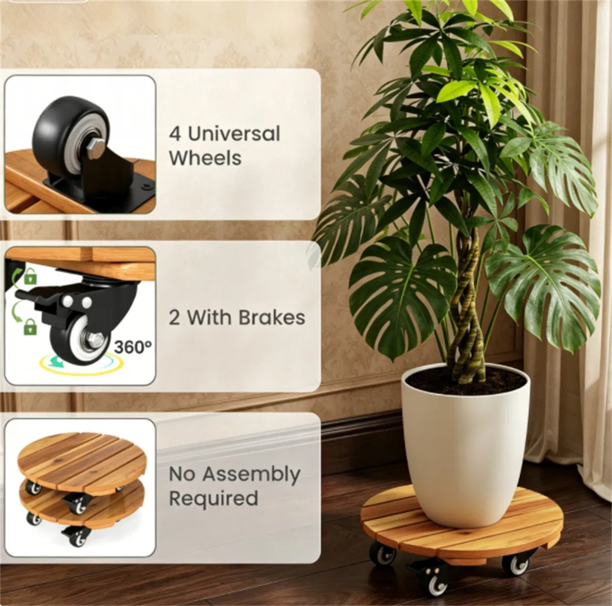 Rolling Plant Caddy Set of 4, 12" Round Acacia Wood Plant Stands With Locking Wheels, Natural Finish