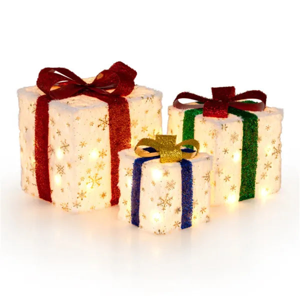 Lighted Christmas Gift Boxes, Set of 3 Battery-Operated Snowflake Present Decorations With 48 Warm White Lights and Glitter Bows