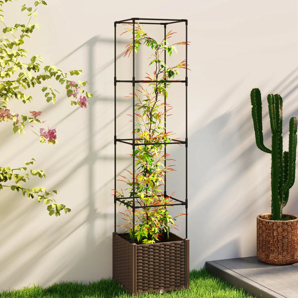 Rattan-look raised planter box with tall black trellis frame