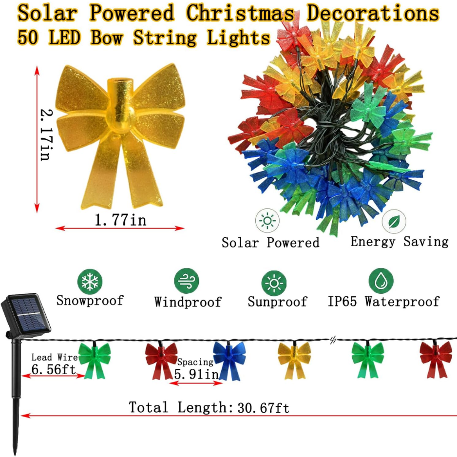 Solar Bow String Lights, 50 LED Multicolor Christmas Fairy Lights, 30.68 ft Waterproof Outdoor Garden Decor with 8 Modes