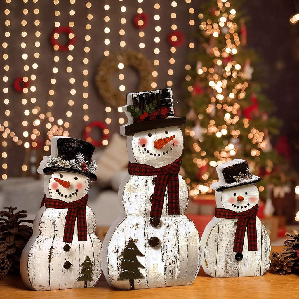 Wooden Snowman Christmas Decorations, Set of 3 Rustic Tabletop Figurines With Plaid Scarves for Mantel and Shelf