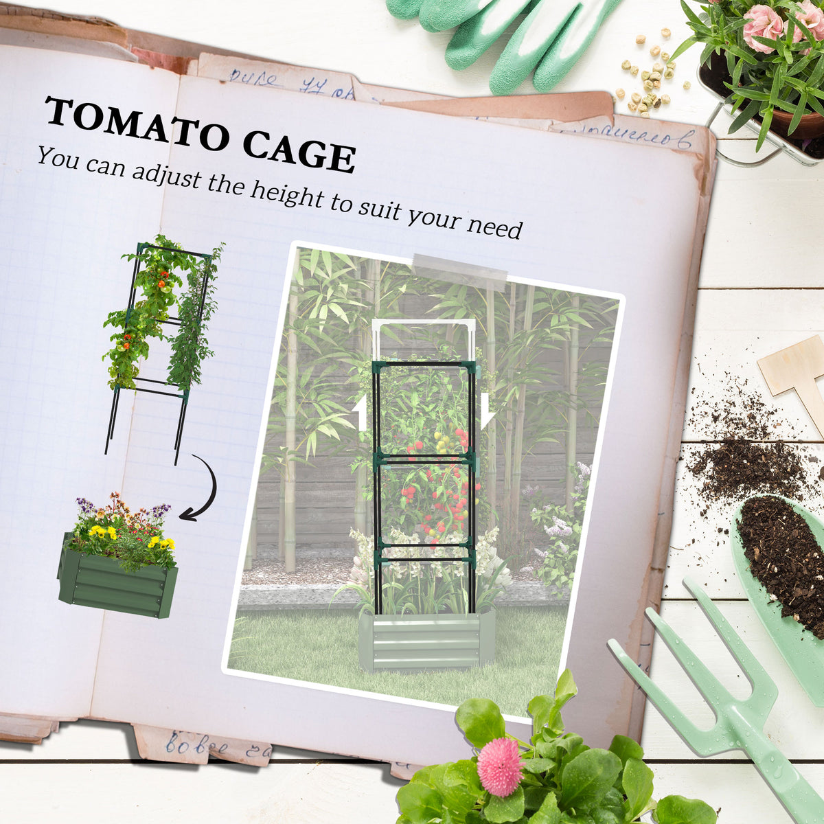 Galvanized Raised Garden Bed With Tomato Cage Trellis, 24" x 24" x 55" Green Metal Planter Box for Climbing Vines
