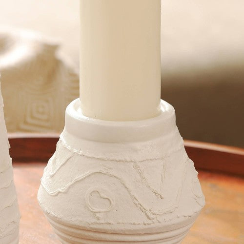 Organic Pattern Terracotta Candle Holder, White Rustic Pillar Candle Stand, 5.2 x 5.2 x 5.5 in.