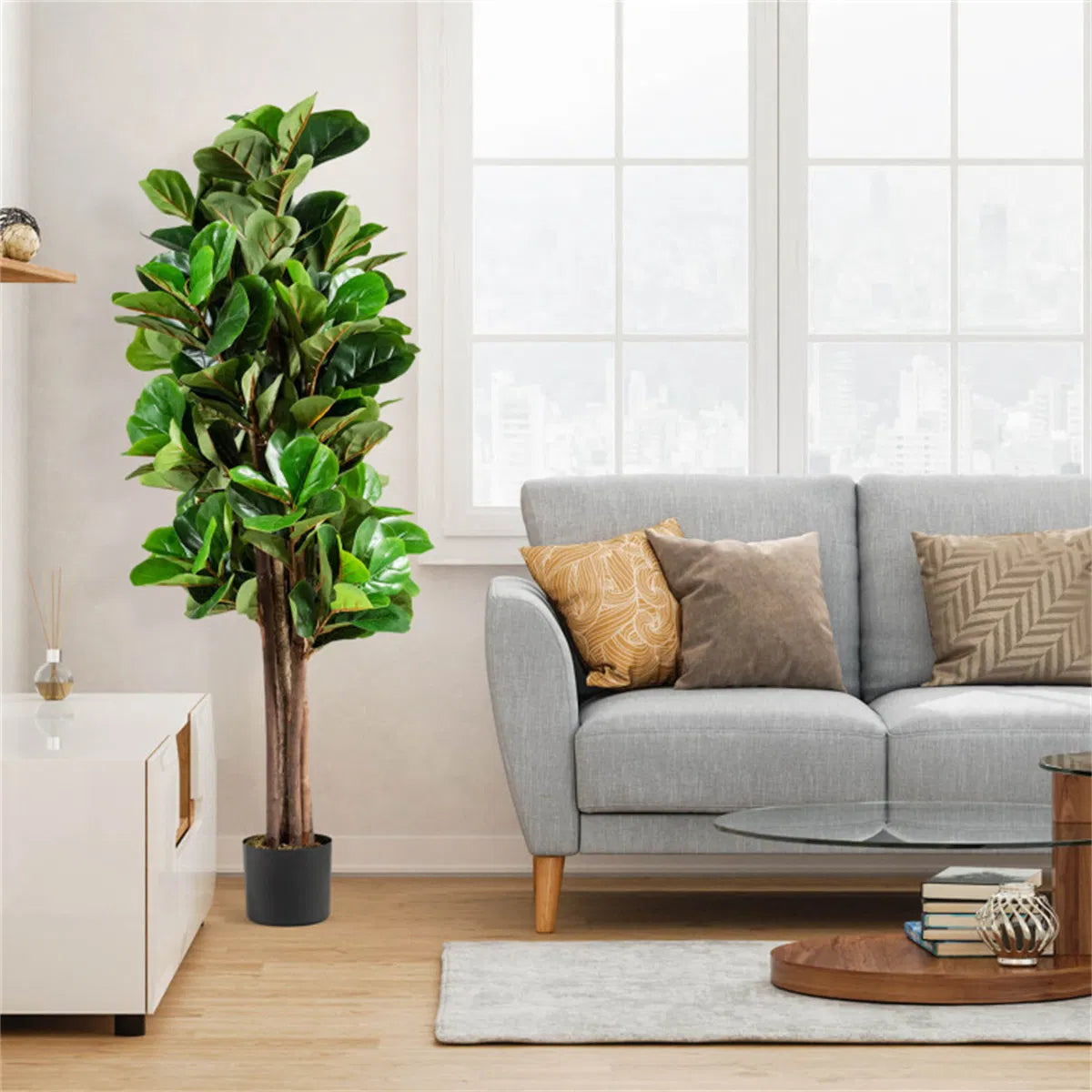 5 Ft Artificial Fiddle Leaf Fig Tree with Black Planter, 180 Green Leaves, Faux Indoor Outdoor Potted Tree