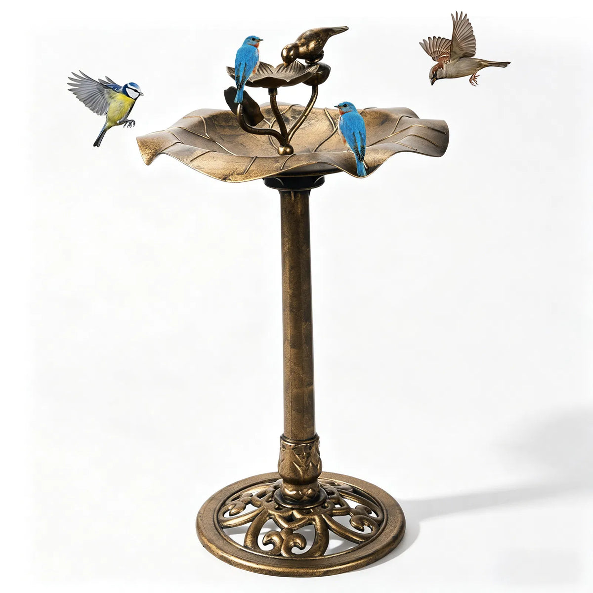 Pedestal Bird Bath with Feeder Tray, Antique Bronze Resin Lotus Leaf Basin, 50 x 50 x 86 cm Garden Birdbath