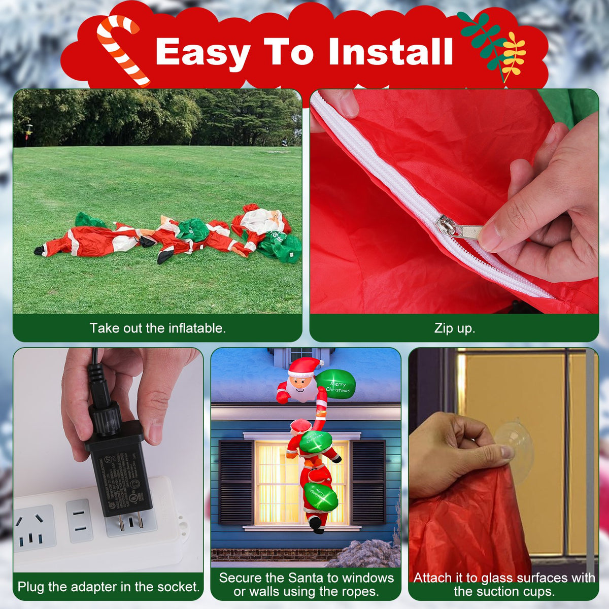 8 Ft Climbing Santa Claus Christmas Inflatable With LED Lights, Hanging Blow Up Outdoor Yard Decoration, 3 Santas and 3 Merry Christmas Bags