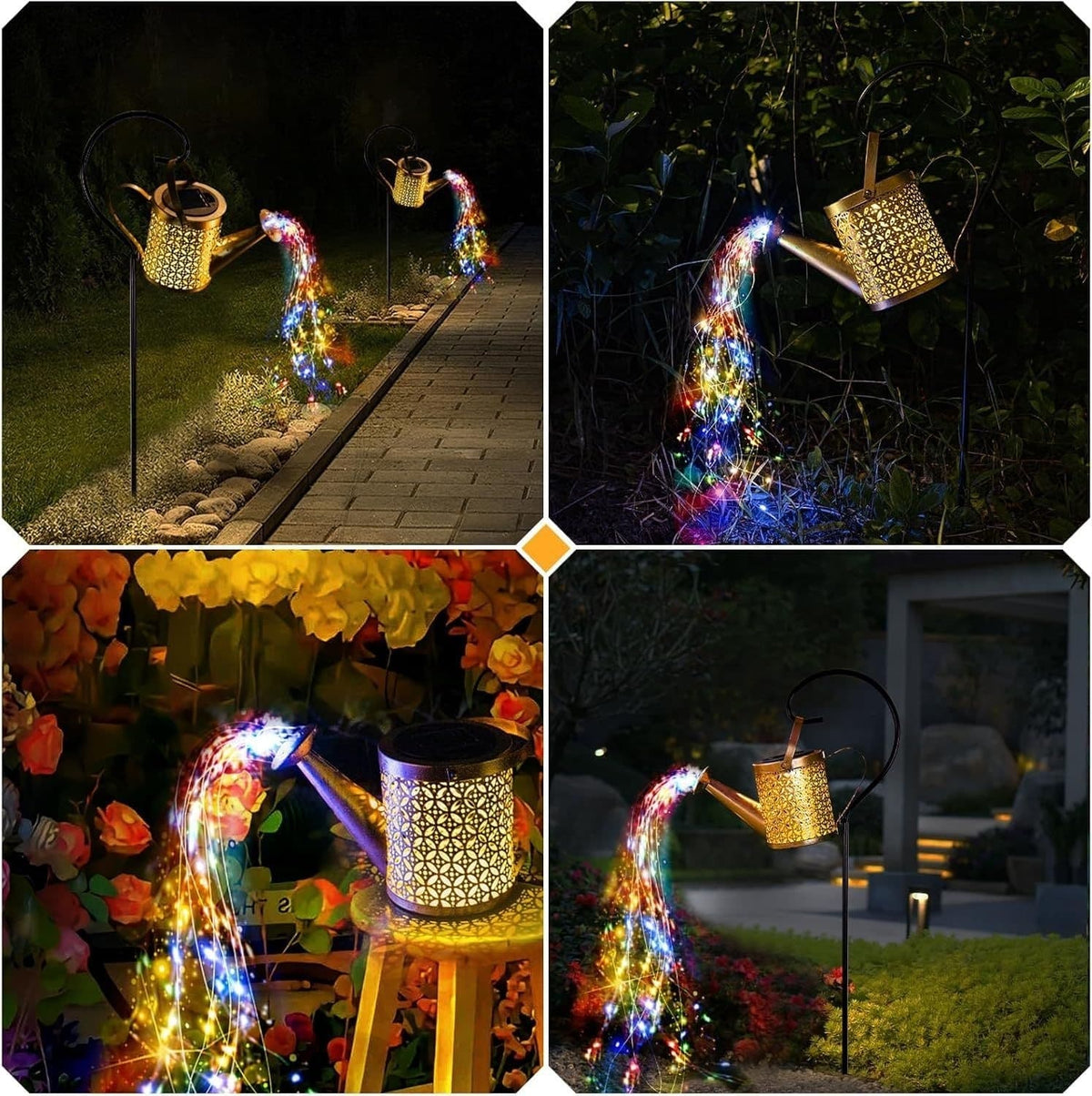 Solar Watering Can With Cascading String Lights, Metal Garden Stake Lantern With 32" Shepherd Hook, Waterproof Outdoor Pathway Decor