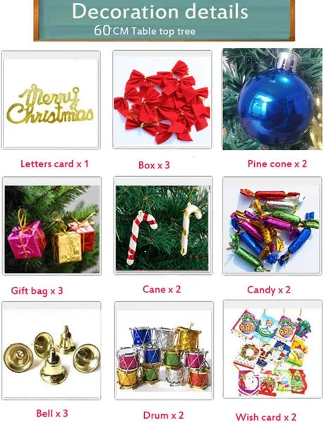 Mini Christmas Tree, 24 Inch Tabletop Artificial Tree With LED Lights and Ornaments, Green Indoor Holiday Decor