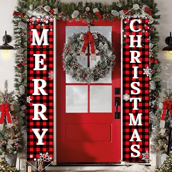 Merry Christmas Porch Sign Set, 2 Red and Black Buffalo Plaid Snowflake Door Banners, 71" x 13" Hanging Yard Decor