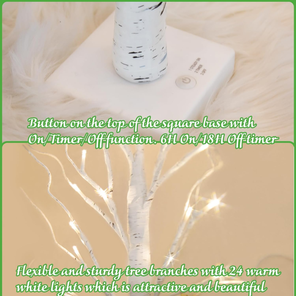 2 Ft Lighted Birch Tree With 24 Warm White LED Lights, White Battery Powered Tabletop Tree