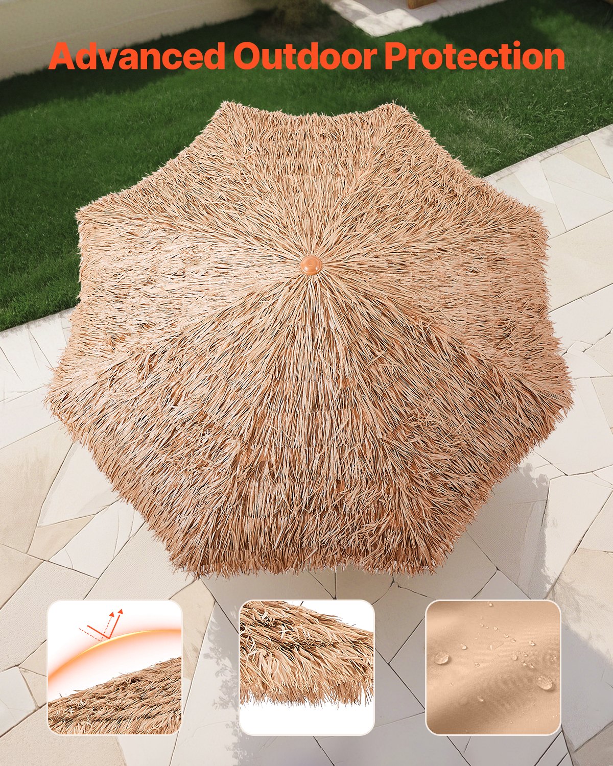 Tiki Thatched Patio Umbrella, 9 Ft Tilting Poolside and Beach Umbrella in Natural