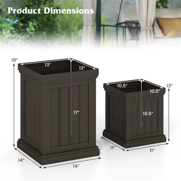 Square Planter Box Set of 2, Stackable Brown Planters With Drainage Holes for Indoor and Outdoor Use