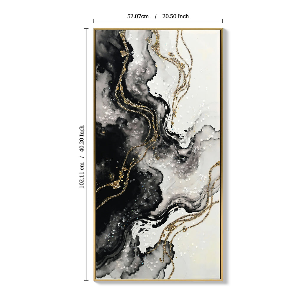 Large Framed Abstract Wall Art, Set of 2 Black White and Gold Canvas Prints, 20 x 40 In Hand-Painted Modern Decor