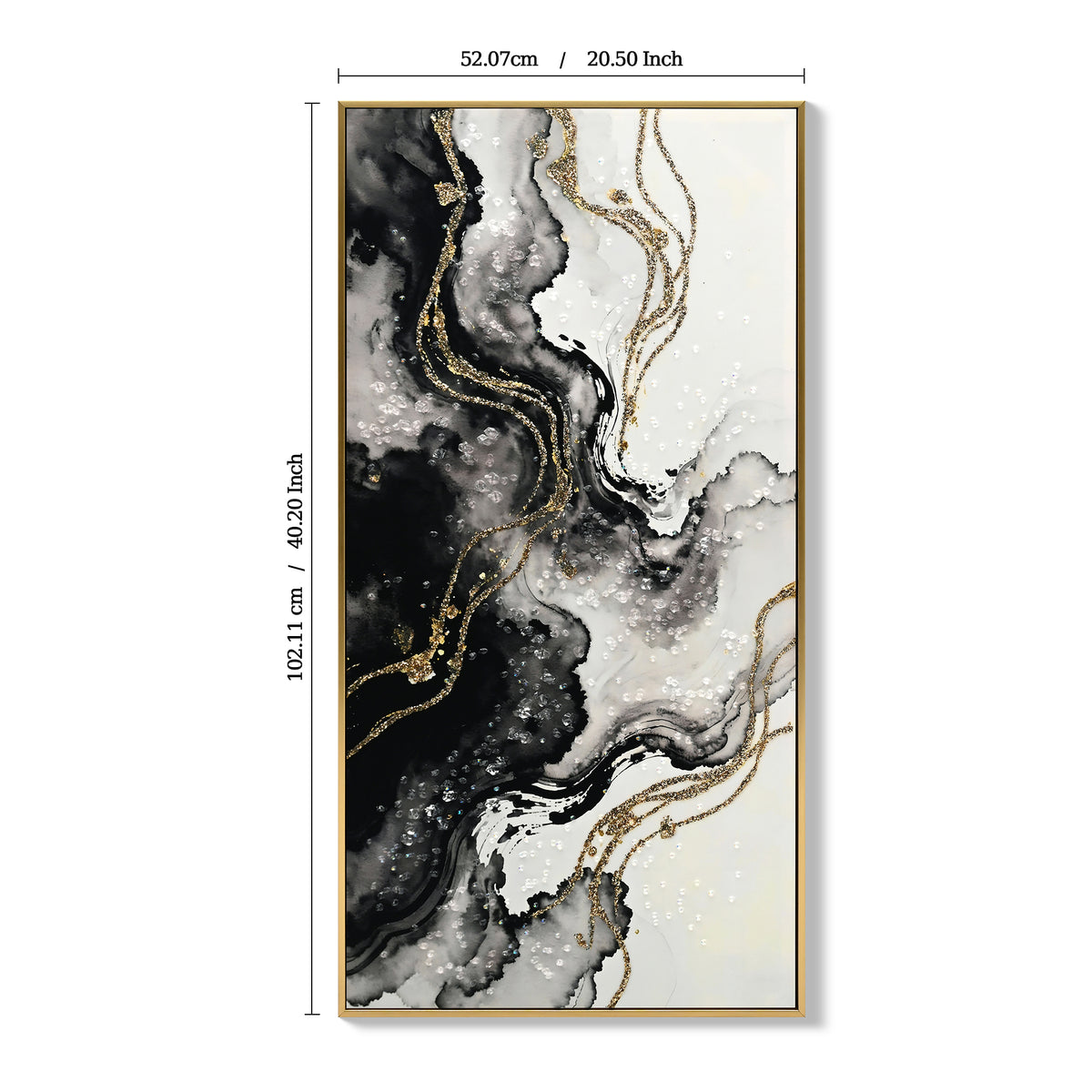 Large Framed Abstract Wall Art, Set of 2 Black White and Gold Canvas Prints, 20 x 40 In Hand-Painted Modern Decor