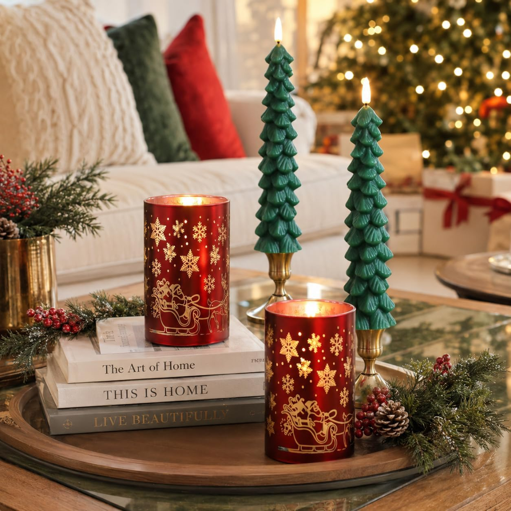 Christmas Flameless Candles With Remote, Set of 4 Green Tree Tapers and Red Glass Snowflake Pillars, Battery Operated LED Holiday Decor