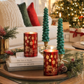Christmas Flameless Candles With Remote, Set of 4 Green Tree Tapers and Red Glass Snowflake Pillars, Battery Operated LED Holiday Decor