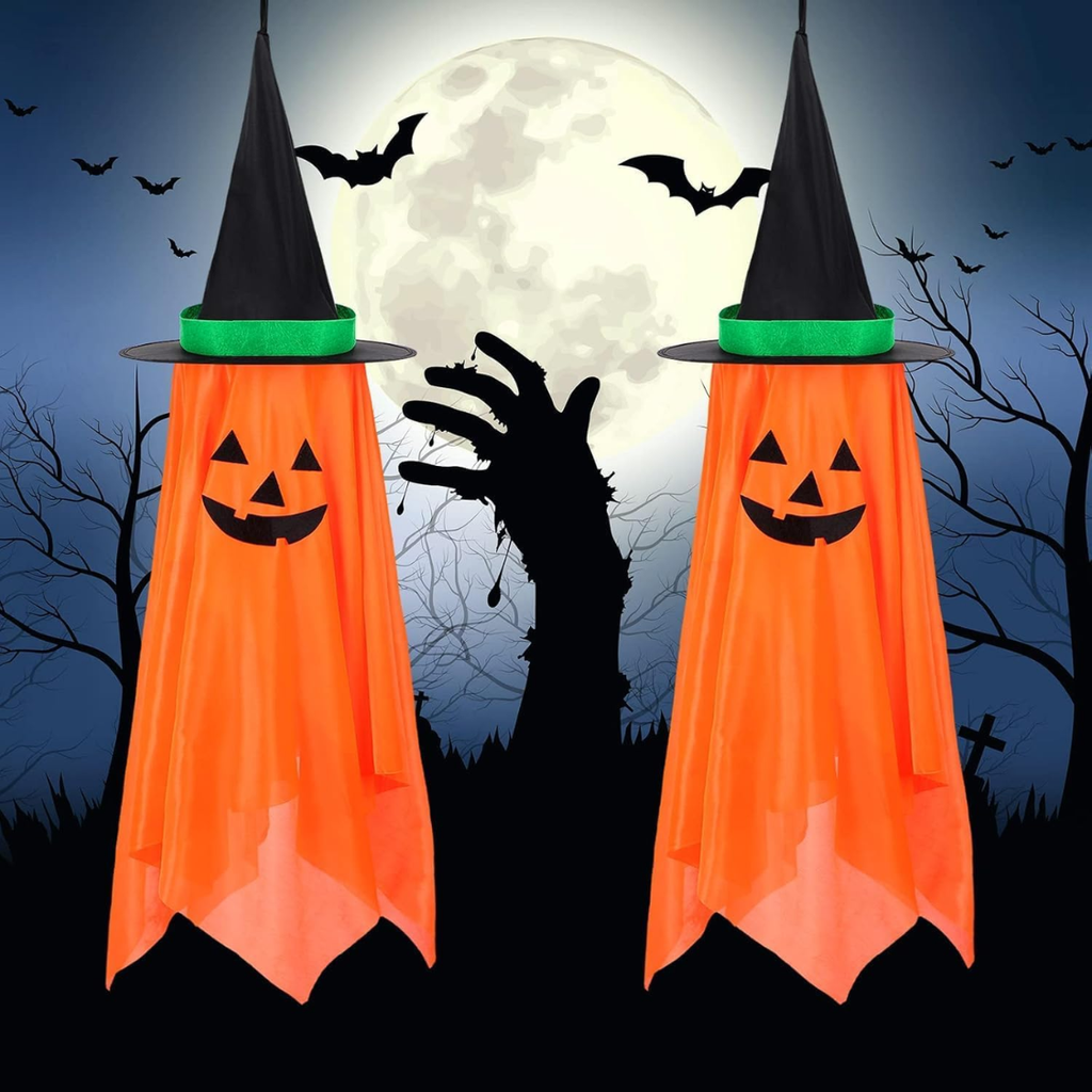 Hanging Pumpkin Witch Hat Halloween Decorations, Set of 2 Orange Jack-O'-Lantern Ornaments for Porch, Yard, Tree, and Party