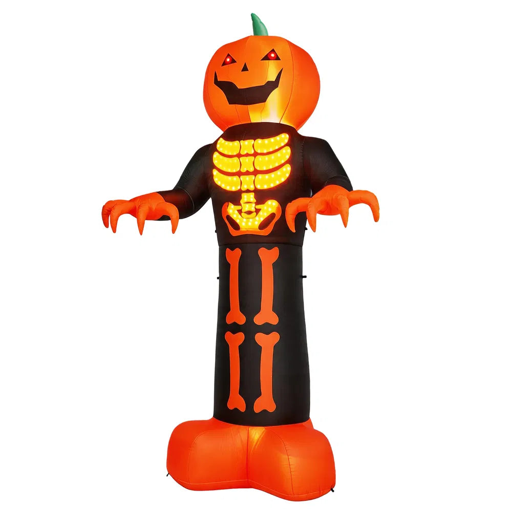 12 Ft Inflatable Halloween Pumpkin Skeleton Reaper Yard Decoration With LED and String Lights, Black and Orange