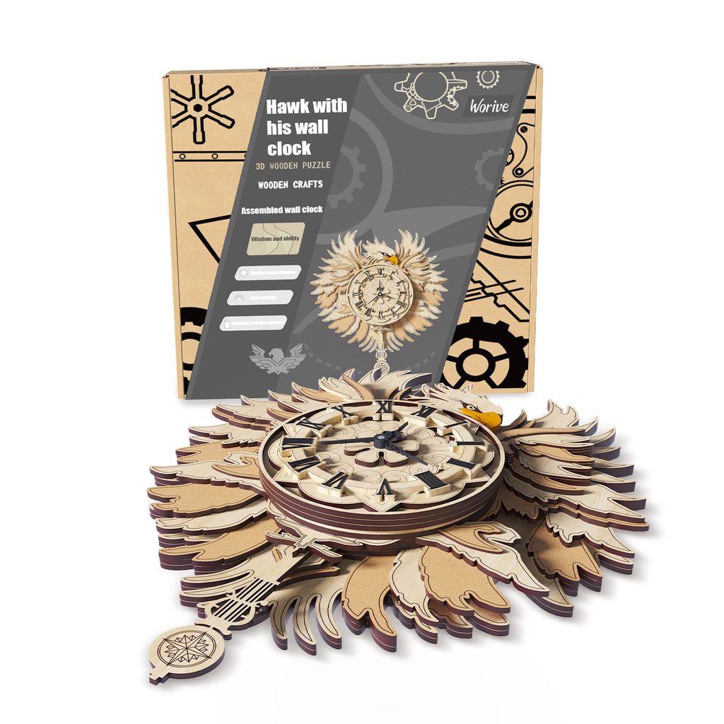 Hawk Wooden Wall Clock 3D Puzzle Kit, Eagle Pendulum Clock Wall Decor