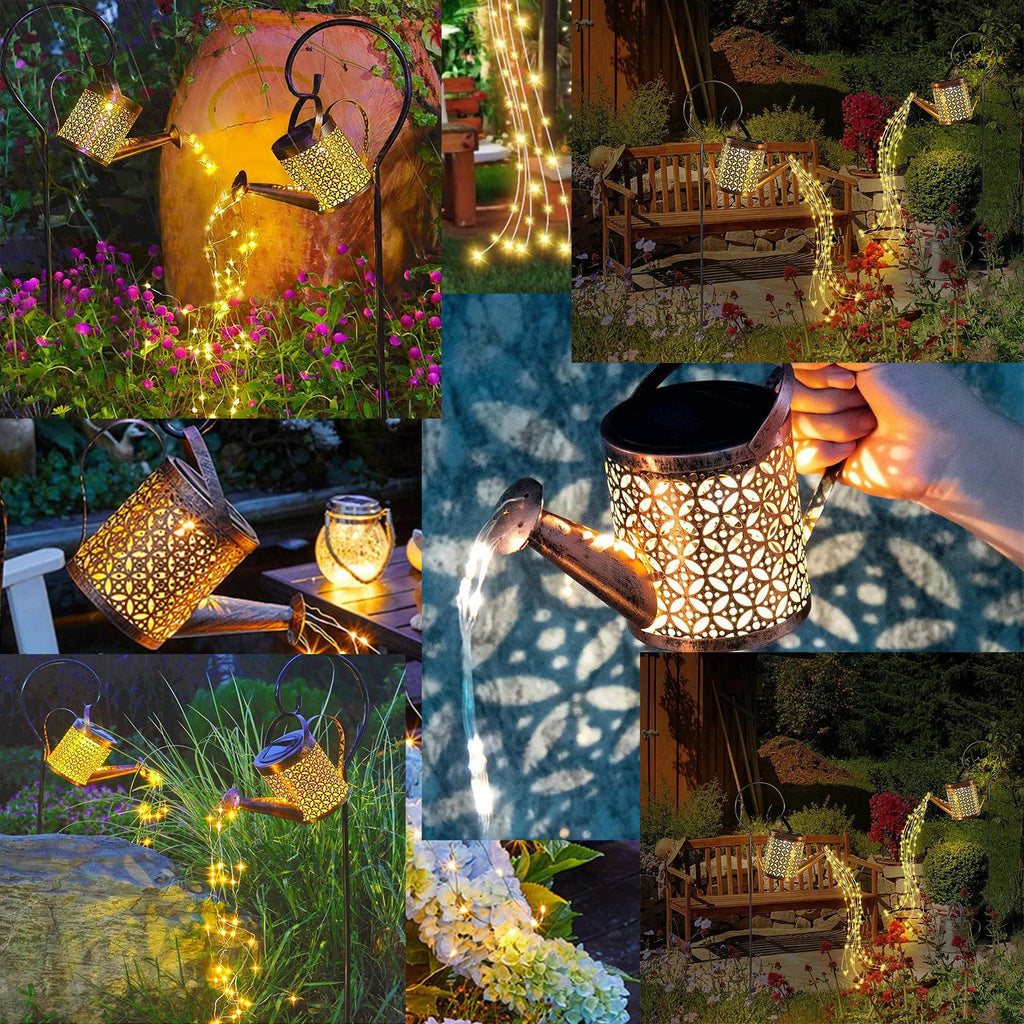 Solar Watering Can String Lights, 2 Pack Hanging Garden Lanterns With Shepherd Stakes, Warm White LED Outdoor Decor