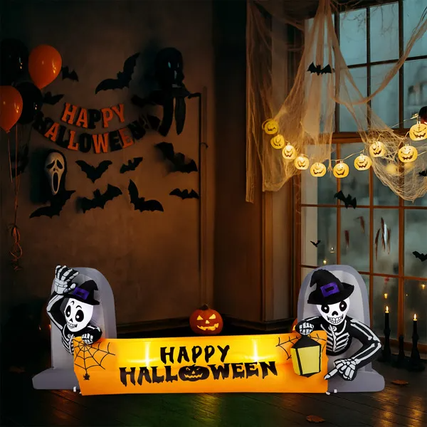 Halloween Inflatable Skeleton Tombstone Banner, 9.6 FT Lighted Outdoor Yard Decoration With 4 Built-In LEDs