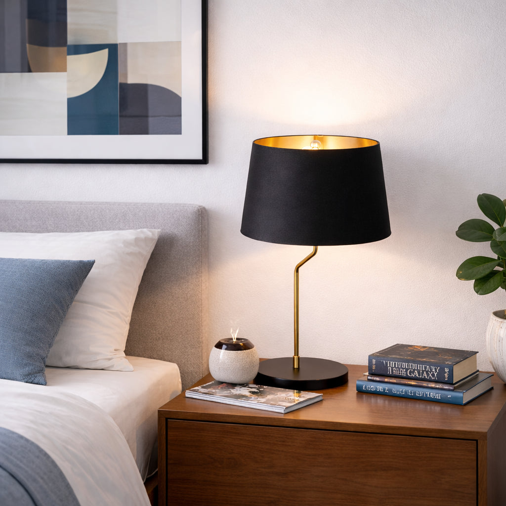 Modern Table Lamp With Black Fabric Shade and Gold Inner Lining, 21.5 In Metal Bedside Lamp