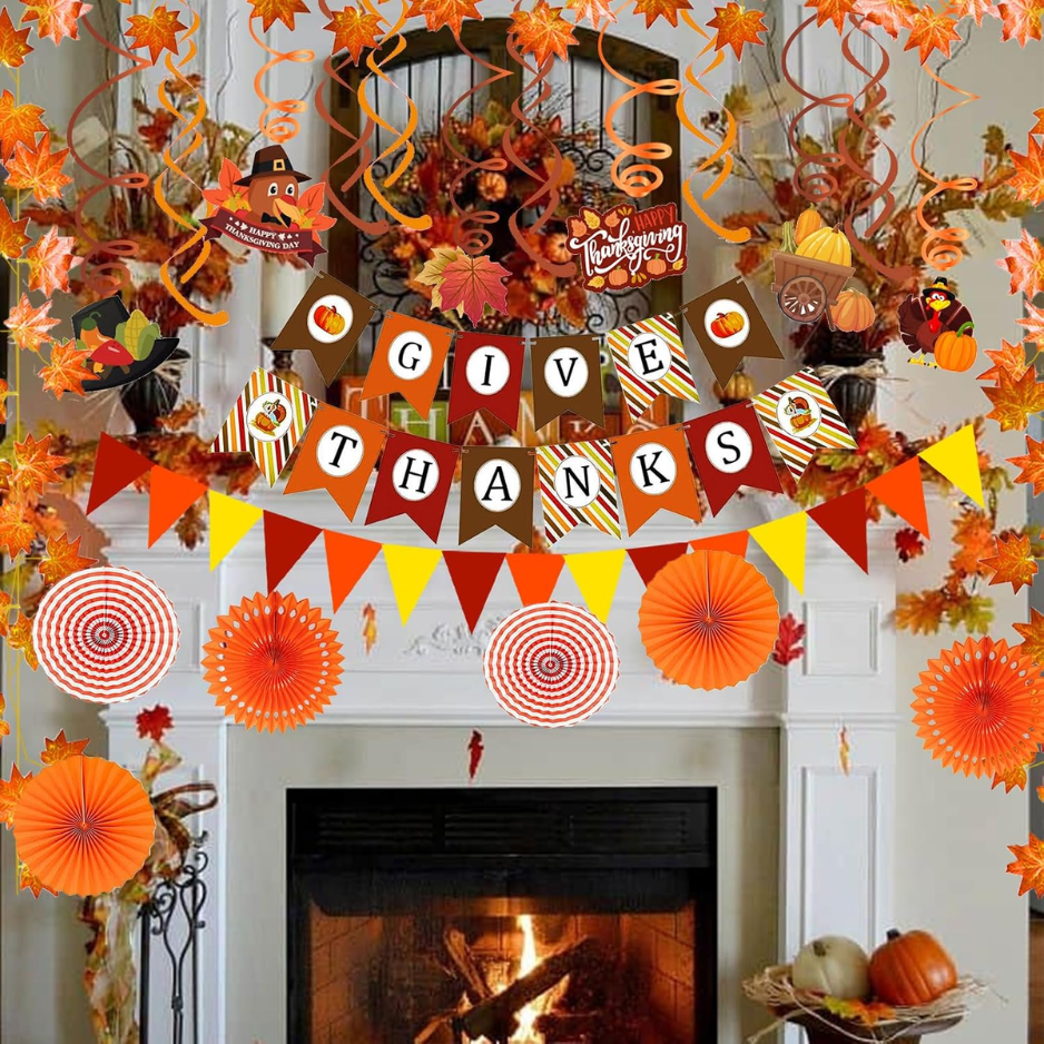 Thanksgiving Party Decoration Set, Give Thanks Banner, Paper Fans, Maple Leaf Garlands, Swirl Streamers and Triangle Bunting