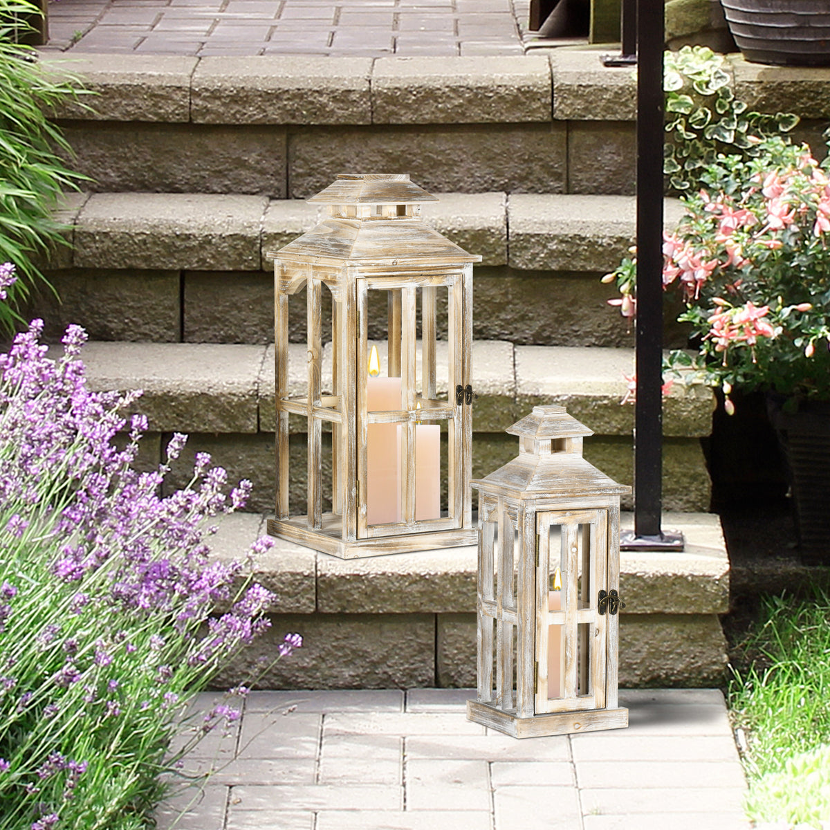 Rustic Wooden Candle Lanterns, Set of 2, Whitewashed Fir Wood Decorative Floor Lanterns for Indoor and Covered Outdoor Use, Natural