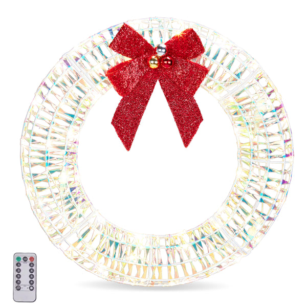 24 in Pre-Lit Christmas Wreath, Iridescent Metal Frame With Red Bow and 84 Warm White LED Lights, Indoor Outdoor Door Decor