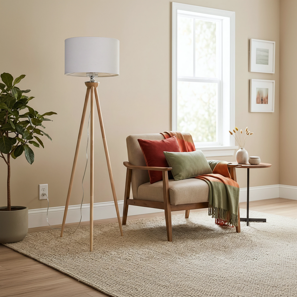Wooden Tripod Floor Lamp, 58 in. Tall Corner Standing Light With Drum Shade for Living Room, Bedroom and Office, Natural