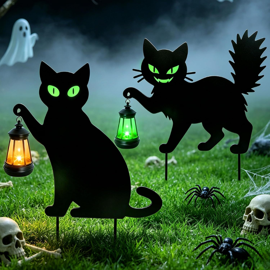 Halloween Black Cat Yard Signs With Hanging LED Lanterns, 2 Piece Metal Garden Stake Set, Glow in the Dark Eyes