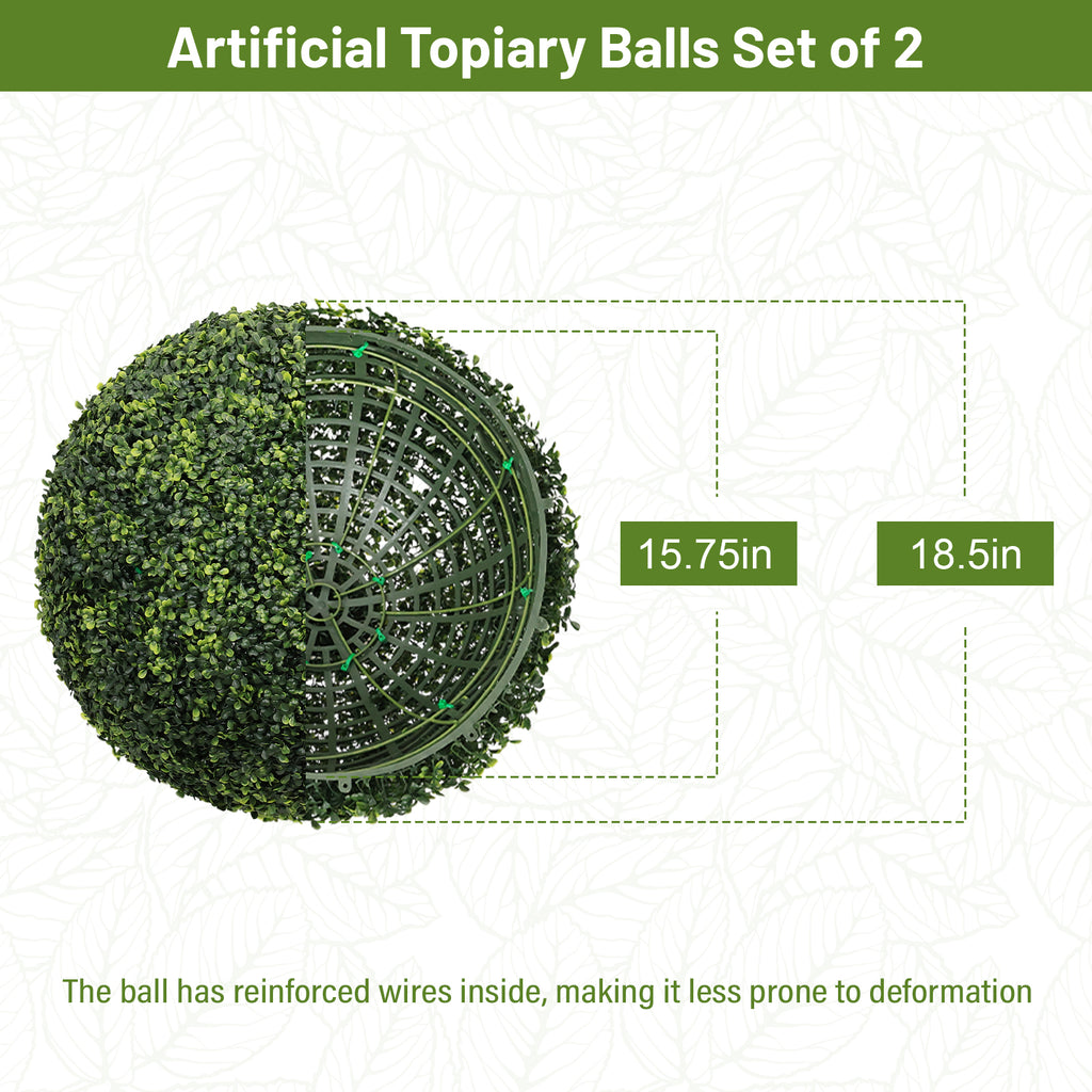 Artificial Topiary Balls 18.5 in Faux Boxwood Spheres, Set of 2, Green Outdoor Porch Patio Planter Decor