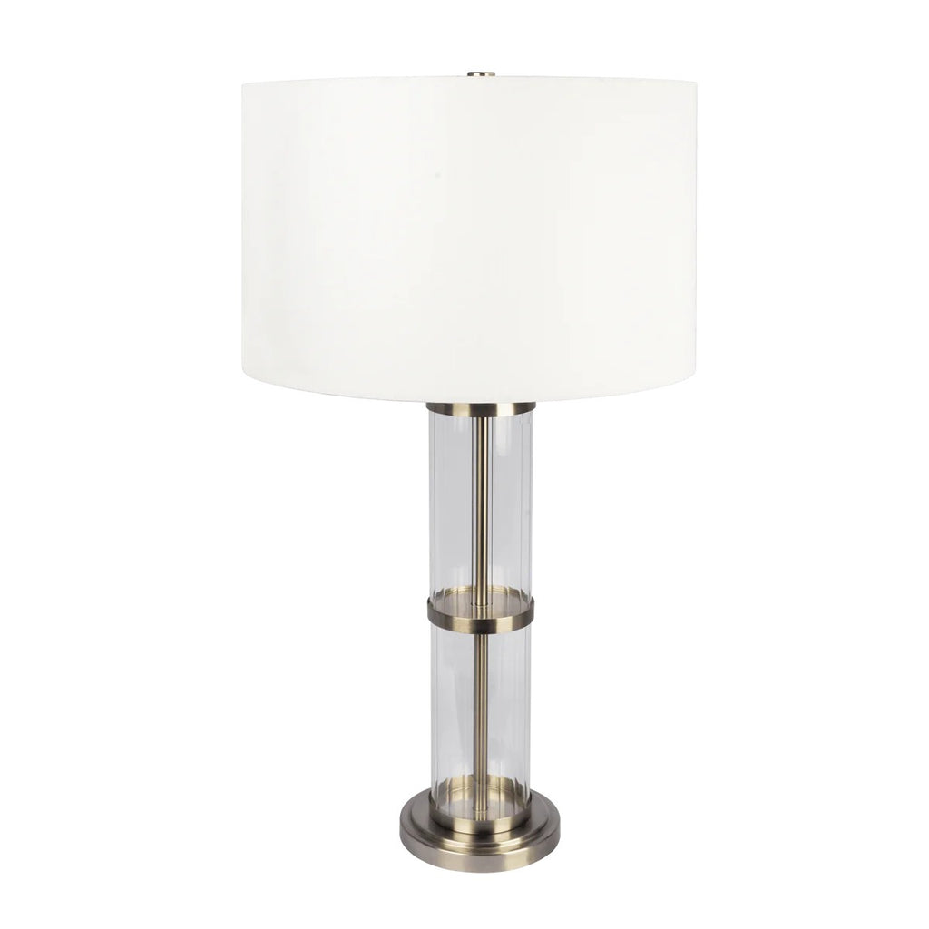 Brushed Nickel Table Lamp With Clear Glass Body, White Linen Drum Shade, 30 In. Bedside Lamp
