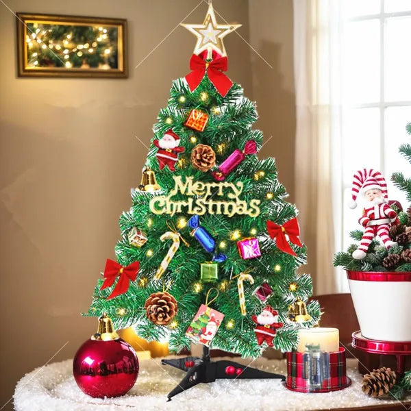 Mini Christmas Tree, 24 Inch Tabletop Artificial Tree With LED Lights and Ornaments, Green Indoor Holiday Decor