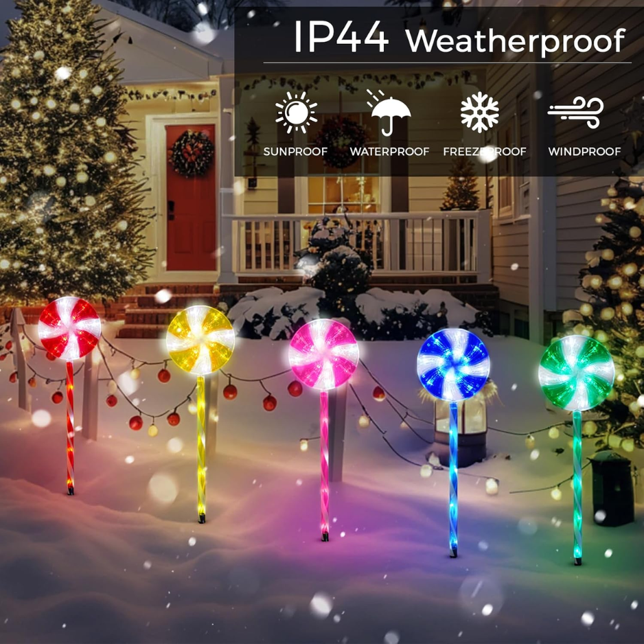 Solar Lollipop Pathway Lights, 5 Pack Outdoor Christmas Candy Cane Stakes With 8 Lighting Modes, Multicolor Walkway Decor