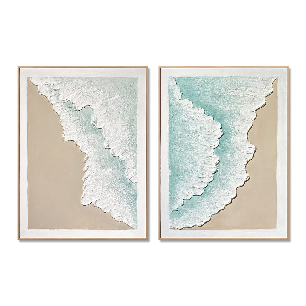 Framed Ocean Wave Wall Art, Set of 2 Textured Canvas Paintings, 25 x 33 In, Aqua Blue and Beige Coastal Decor